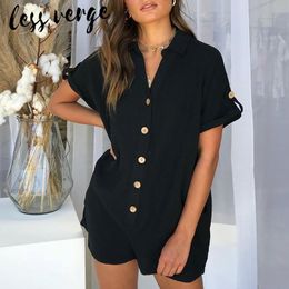 Rompertjes Lessverge Casual Zomer Kaki Linnen Jumpsuit Dames Witte Knoopzakken Strand Rompertjes Losse Speelpakje Met Korte Mouwen Overalls 2019 Y1