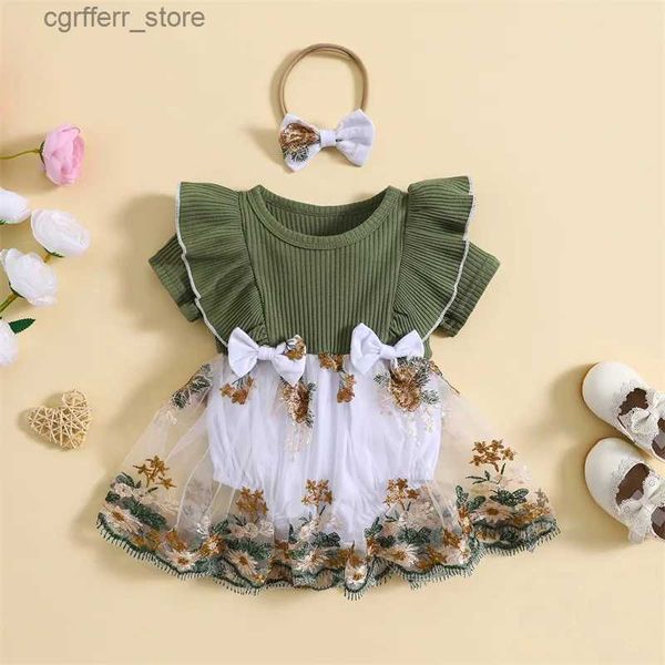 Mompers Listenwind 0-2y Baby Girl Dress Flower Bordado Bordado Costilla Ruffles Crew Sumsuits Bodysuits de verano con diadema de arco L410