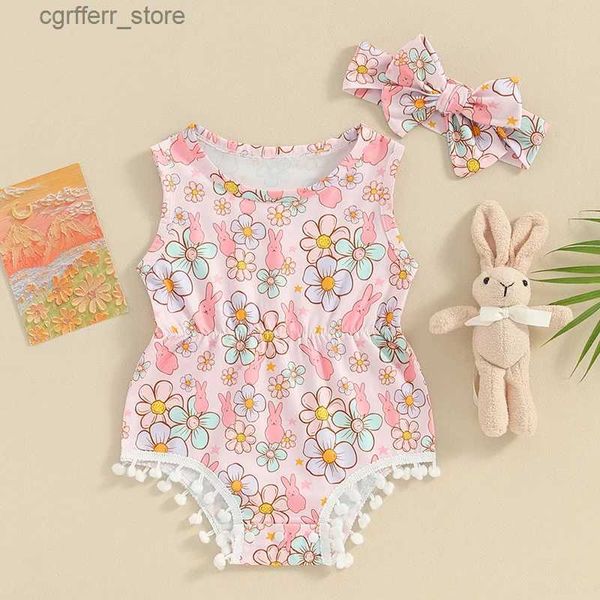 Rompers escucha a viento de niñas baby baby rompers flor estampado sin mangas sin mangas bobbles de borde infantil trajes de ropa de pascua de verano l410