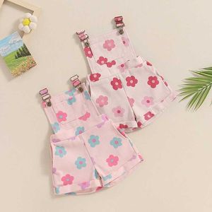 Rompers Little Girl overalls Shorts Shorts Floral Print Pocket Pocket voor mouwloze Suspender jumpsuit met verstelbare schouderriem H240508