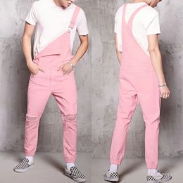 Rompers heren jumpsuit mode katoen casual mannelijke denim gescheurde jeans broek roze overalls conjunto masculino size xxxl 240410