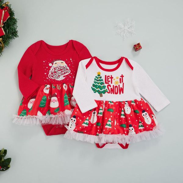 Barboteuses Joyeux Noël Fête Bébés Filles Barboteuse Costumes Enfants Père Noël Imprimer Rib Mesh Combinaison À Manches Longues Pour Le Printemps Automne Hiver