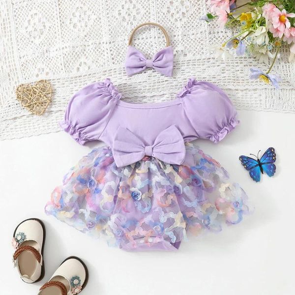 Rompers malla Mesh Patchwork Baby Girl Cloth Summer Princess Trim Reflexión Vestida de flores 3D Vestido Digo de cabeza infantil Bodysuit