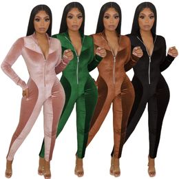 Rompers Missakso Autumn Velvet Jumpsuits Bodycon Zipper Streetwear Lange mouw Fashion Outfits Sexy Women Skinny Jumpsuits 210625