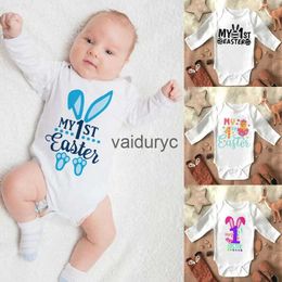 Rompers My 1st Easter Newborn Baby Spring Summer Rompers Infant Body Long Sleeve Rabbit Jumpsuit Paas Outfits Toddler Boy Girl Deskleding H240508