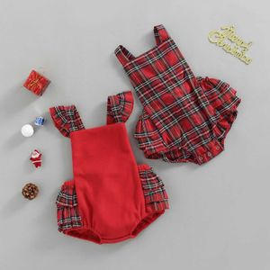 Rompers mijn eerste kerstnageborn babymeisje mouwloze romper rode geruite print outfit schattige jumpsuitkleding Xmas cadeau J220922