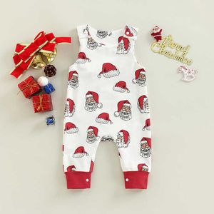 Rompers mijn eerste kerstnasgeboren baby witte mouwloze romper Santa Print Outfit Baby Casual jumpsuitkleding Kerstmis cadeau J220922