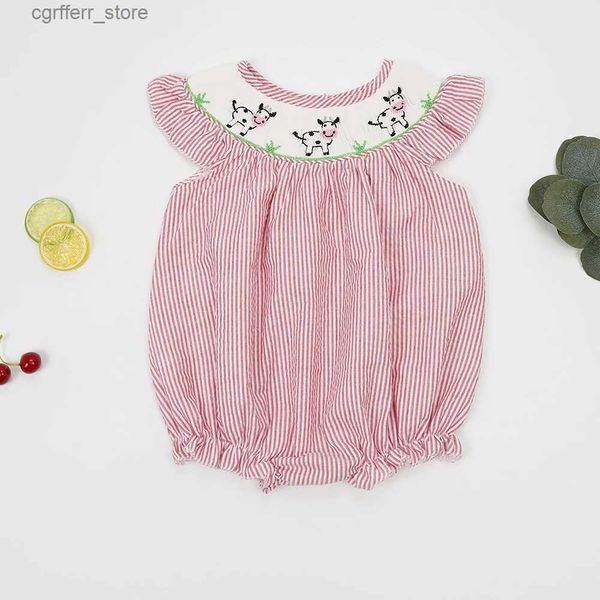 Rompers Nuevo estilo Boutique Infant Infant Baby Girl Clothing Hecho a mano de vaca Bordado de vaca Bondeo Rojo Smock Sumpsuit 0-3t para niñas L410