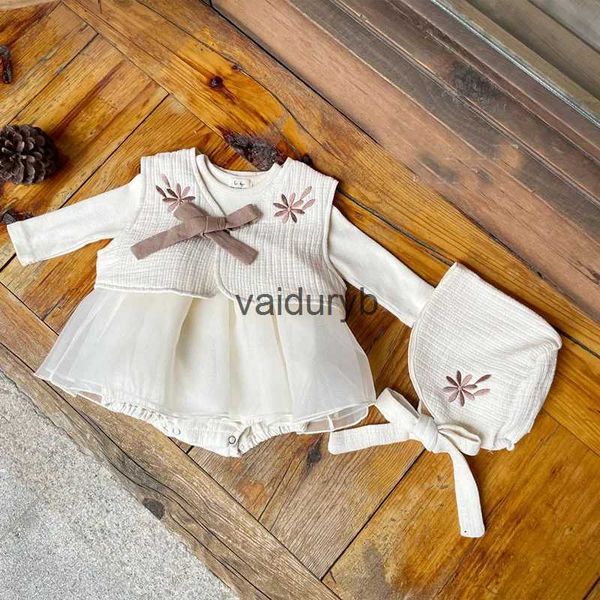 Barboteuses Nouveau-né bébé garçon fille broderie barboteuse + gilet + chapeau infantile enfant en bas âge Hanbok ensemble combinaison printemps automne une pièce bébé vêtements 3-18Mvaiduryb