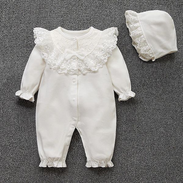 Barboteuses Nouveau-né bébé vêtements dentelle princesse combinaison + chapeau bébé fille costume ajusté 231208