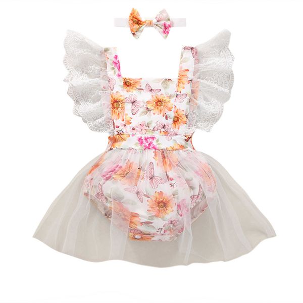 Mamelucos Vestido de bebé recién nacido Mameluco Bebé Niño Encaje Mangas de mosca Malla Zoom Patrón floral Cuello cuadrado Monos Diadema J220922