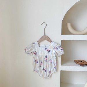 Barboteuses nouveau-né bébé fille vêtements frais fleur imprimer manches bouffantes combinaison mignon coton à manches courtes body tenues J220922