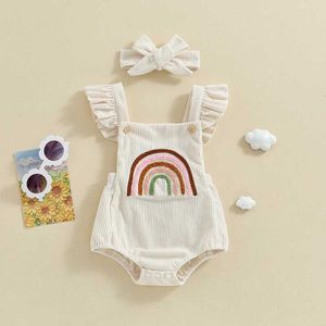 Rompers pasgeboren babymeisje kleren regenboog borduurwerk romper ruche mouwloze backless bodysuit met hoofdband zomer outfits H240508