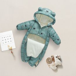 Rompers Olekid Winter Baby Snowsuit Hooded plus Velvet Warm Baby Girl Rompers Toddler Baby Boy Jumpsuit Infant Winter Overalls Coat 230311