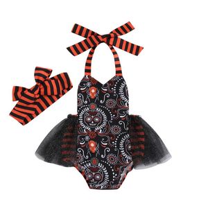 Rompertjes Opperiaya Baby Meisjes Mouwloze Casual Bandage Halter Tule Katoen Bodysuit Leuke Halloween Print Boog Jumpsuits en hoofdband