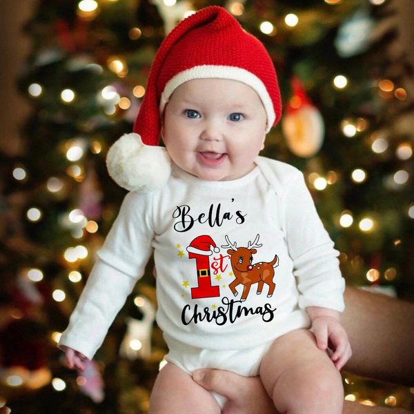 Barboteuses personnalisées bébé premier Noël serré nom personnalisé né vêtements garçons et filles à manches longues body fête bébé 231115