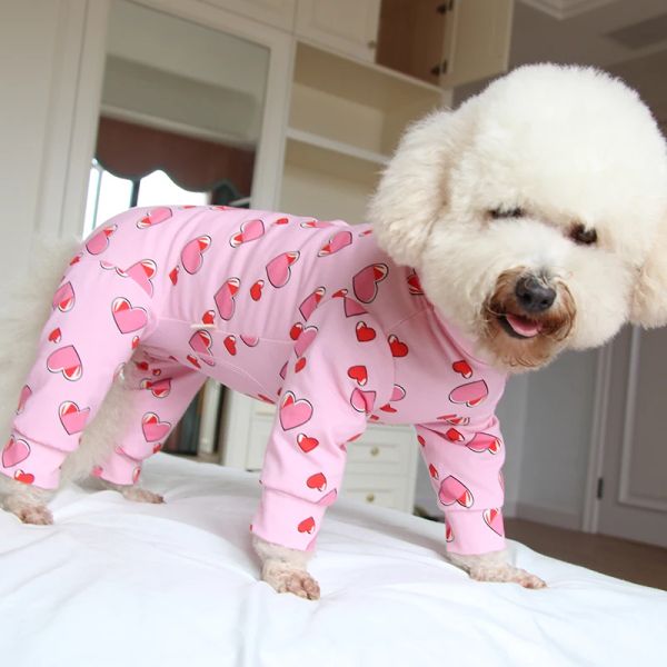 Mamelucos Mono para perro mascota Ropa fina de algodón puro para cachorros Monos estampados de color rosa Protegen los pijamas del vientre para perros pequeños Usan caniche chihuahua