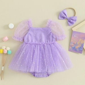 Rompers Princess Mariffon Baby Girls Habille Summer Fête des enfants Vêtements Sequins à manches courtes Bodys pour nourrissons en tulle à manches courtes avec bande