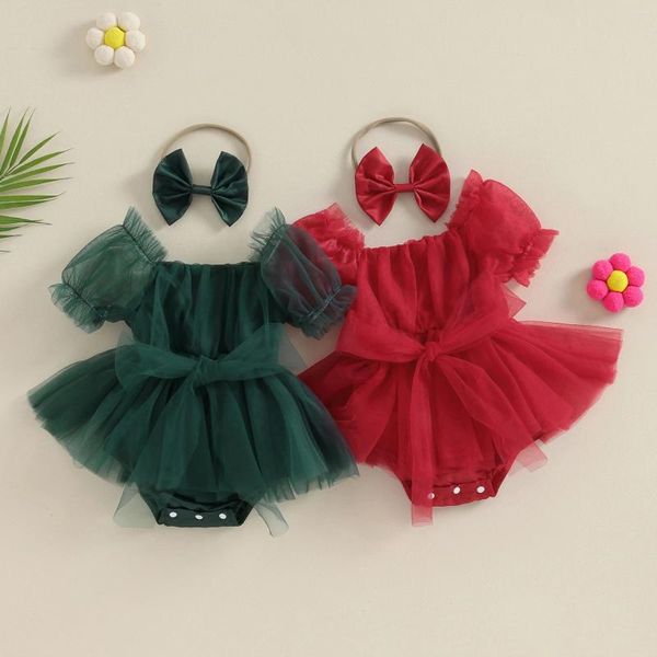 Rompers Princess Christmas Party Robe for Baby Girls Toddler Bowknot Mesh Raiper Kids Short à manches en tulle à saut avec bande