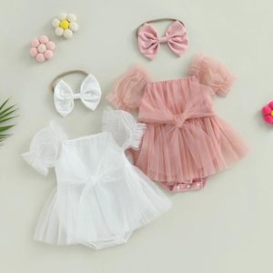 Rompertjes Pudcoco Baby Geboren Baby Meisje Zomeroutfits Korte Mouw Boog Voorkant Romper Tule Jurk Met Hoofdband Set 2 Stuks Kleding 0-24M