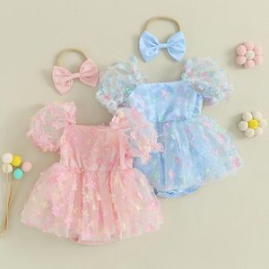 Barboteuses Pudcoco infantile né bébé fille tenues d'été manches courtes bouffantes 3D fleur barboteuse robe en tulle avec bandeau ensemble 2 pièces vêtements