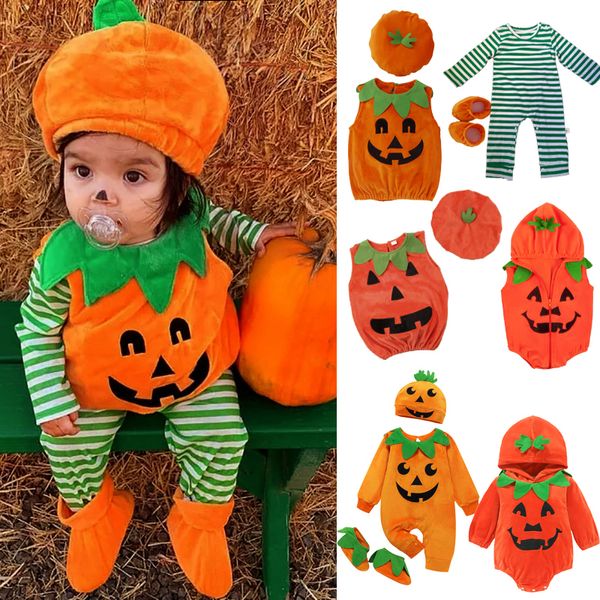 Mamelucos Calabaza Diablo Halloween Cosplay Mameluco Bebé nacido Unisex Felpa 3 piezas Zapatos Gorra Traje Trajes Mono para niños pequeños Trajes 230920