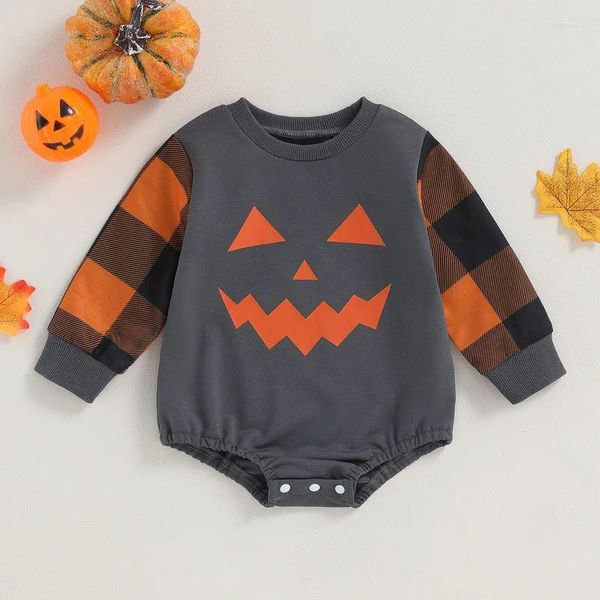 Barboteuses Ruewey Halloween bébé fille garçon vêtements sweat-shirt body né à carreaux citrouille visage imprimé combinaison à manches longues pour enfants