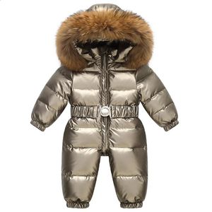 Rompertjes Rusland Winter Kinderen Sneeuwpak Glanzend Goud Zilver Outdoor Eendendons Grote Bontkraag Bovenkleding Peuter Baby Overall Jumpsuit 231118