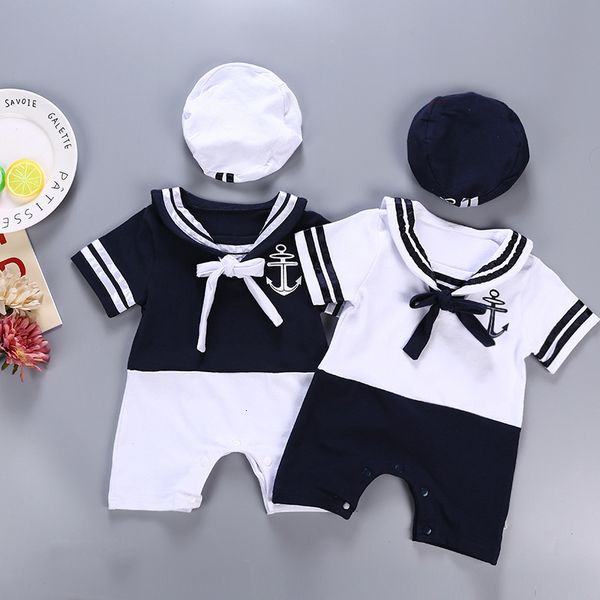 Barboteuses Col Marin Bébé Garçon Vêtements Blanc Bébé Marine Chapeau Body Rayé Chemise De Marin Détendu Enfants Naval Academy Combinaisons D'été 230608