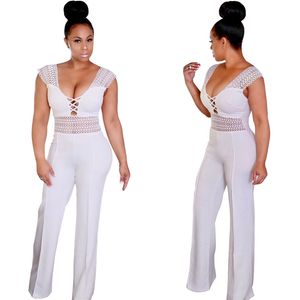 Rompers Sexy Woman Girls Hollow Out Deep V Neck One Piece PlaySuit Sans manches longues Pant de saut de combinaison sexy