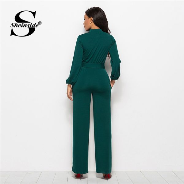 Rompers Sheinside Green Tie Taist Shirt Detail Jumpsuit Elegant Straight Leg Suitt For Women 2019 High Waist Long Suck