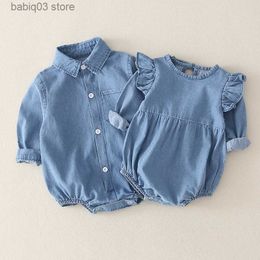 Pagliaccetti Sorella Fratello Baby Tuta Abbigliamento Primavera Autunno Ragazze Ragazzi Camicia di jeans New Fashion Cotton Infant Toddler Pagliaccetti Puntelli foto T230529