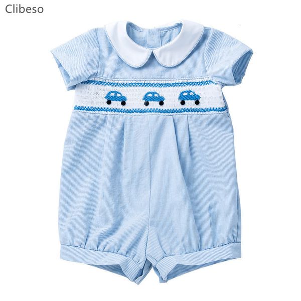 Rompers Blue Children Blue Broidered Car Jumpsuit Peter Pan Collier espagnol Boutique Baby Boy Raiper Clothes 230425