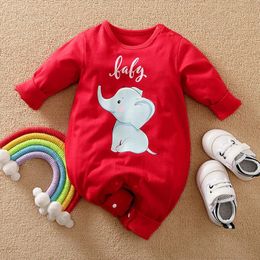 Rompertjes Lente en Herfst Jongens Meisjes Leuke Cartoon Olifant Print Katoen Comfortabele Baby bodysuit met lange mouwen 231214