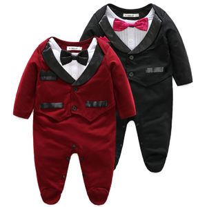 Rompertjes lente herfst baby jongens romper bodysuit een jaar oude baptist gentleman strikje pak baby jumpsuit met lange mouwen onepieces outfits 230915