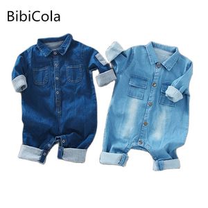 Rompers Spring Herfst Kids Denim Jumpsuits Boys and Girls Losing Round Neck Long Sleeve Rompers Children Casual Deskleding 230522