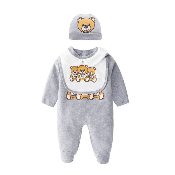 Barboteuses printemps mode né bébé vêtements à manches longues coton unisexe dessin animé petit ours né bébé garçon fille barboteuse et chapeau bavoirs ensemble 230516