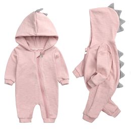 Rompers lente kinderen verhalen geboren baby romper pak vaste capuchon dino jongens meisjes romper katoen babywear 4 kleuren 230811