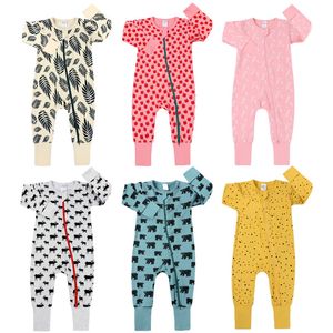 Rompertjes Lente Lange Mouwen Dieren Print Baby Jongens Meisjes Katoenen Jumpsuits Kinderkleding Klim Suits Suttont Rits Nachtkleding 230607