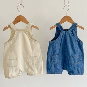 Barboteuses Été Bébé Vêtements Bébé Fille Garçon Denim Salopette Short Poche Infant Toddler Jean Jarretelle Short Denim Salopette Chapeau Enfant 230421