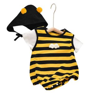 Rompers zomer Babykleding Kid jongens bijen gestreepte onepieces katoenen mode peuter meisjes rompers boetiek baby jumpsuit met hoed J220922