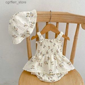 Rompers zomer baby meisje bodysuit kleding baby rompers bloemen print mouwloze jumpsuits + hoed katoen zoete peuter meisje kleding l410