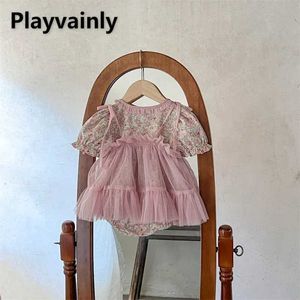 Rompers zomer babymeisje set schattige o-neck puff met korte mouw bodysuit + roze mesh sling rok pasgeboren peuter stuk kleding h240507