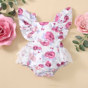 Barboteuses été bébé filles barboteuse fleur imprimer manches volantes dentelle bébé combishort combinaison mode nouveau-né vêtements 012M J220922