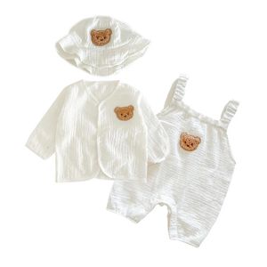 Barboteuses Été bébé mousseline vêtements ensemble dessin animé ours infantile barboteuse chapeau manteau doux coton respirant combinaison pour garçons filles 03 ans 231208