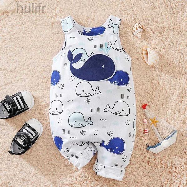 Rompers Summer Boys and Girls Cute Cartoon Whale Brodery Cotton confortable Casual Sans manches BodySuit D240425