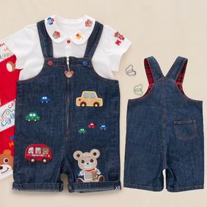 Mamelucos de verano para niños Monos de dibujos animados Little Bear Bus Denim Strap Pant Shorts Ropa para niños japoneses Pantalones casuales Pantalones Jeans 230907