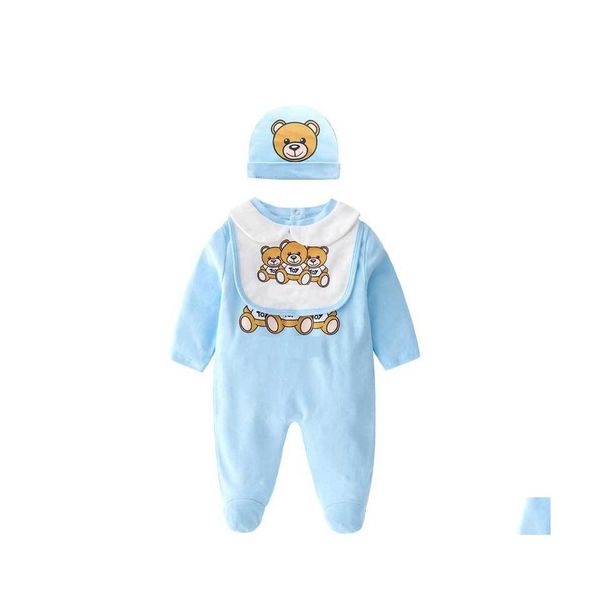 Rompers Été Mode Né Bébé Vêtements À Manches Courtes Coton Mignon Dessin Animé Petit Ours Garçon Fille Barboteuse Et Chapeau Bavoirs Ensemble 220525 Drop D Dhryd