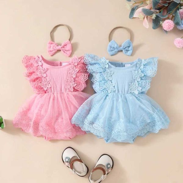 Rompers Summer Baby Girls Dress Patchwork 3d Flower Fly Sleeve Lace Mesh Crew Neck Suit and Bandband H240507