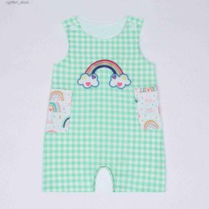 Rompers zomer jumpsuit baby jongens kleren regenboog borduurwerk zuigelingen kinderen pocket romper 0-3t mouw bodysuit shorts outfit l410